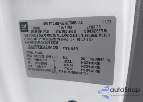 2010 Chevrolet Traverse Lt из США, поврежденный, VIN 1GNLRFED3AS151428